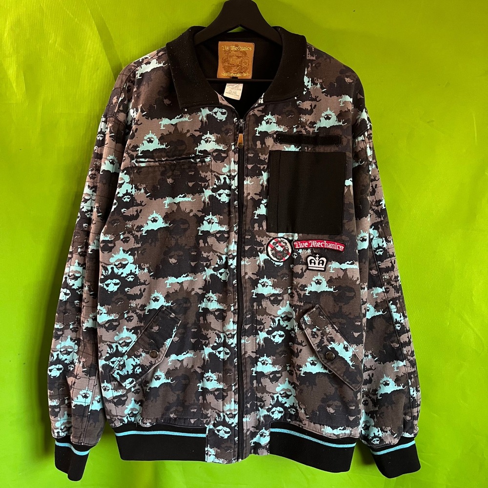 Live Mechanics Lion Camo Y2K Full Zip Jacket Mens XL Streetwear Teal Brown Patch